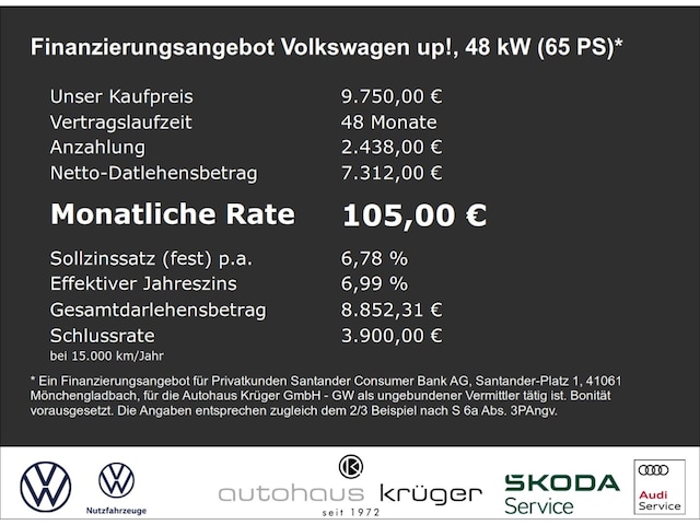 Volkswagen up! 1.0 Basis  Klima BT teilb.Rücksb AUX eFH LED-Tagfahrlicht RDC Radio