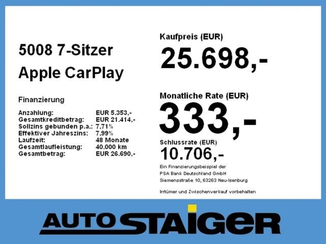Peugeot 5008 7-Sitzer Apple CarPlay 7-Sitzer, Kamera, PDC