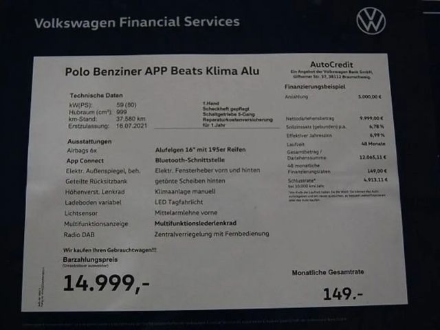 Volkswagen Polo Beats App Alu Bluetooth
