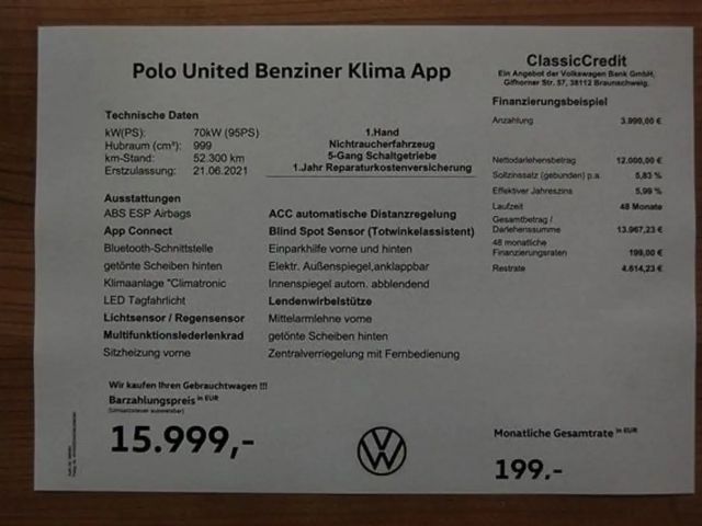 Volkswagen Polo United ACC App Klima Sitzheizung Bluetooth